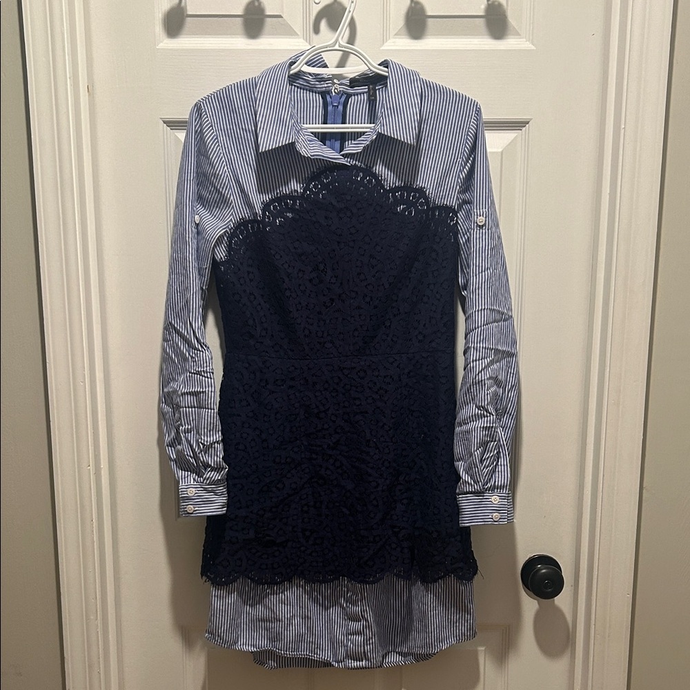 BCBGmaxazria Striped Shirt Dress with Navy Lace Overlay